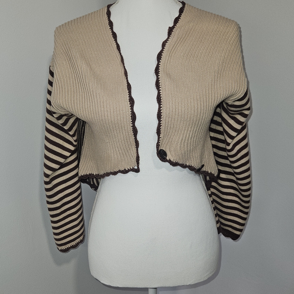 Chelsea & Violet Boho Knit Open Front Beige and Brown Striped Cardigan Size Med